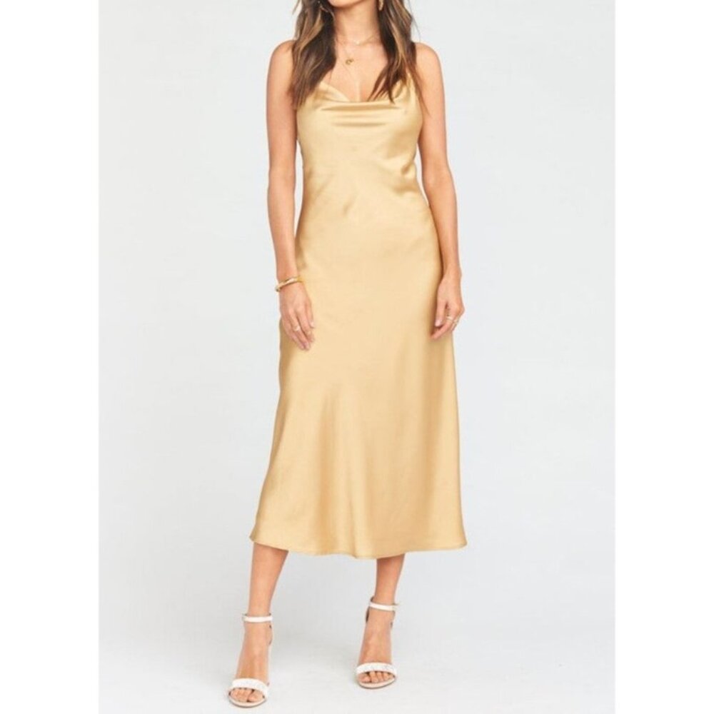 Show Me Your Mumu Gold Verona Cowl Dress Womens Large Satin NWT‎